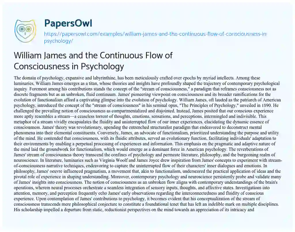 Essay on William James and the Continuous Flow of Consciousness in Psychology