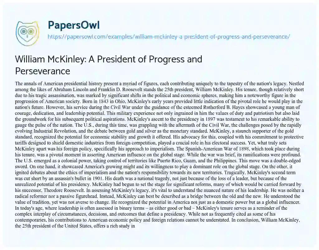 Essay on William McKinley: a President of Progress and Perseverance