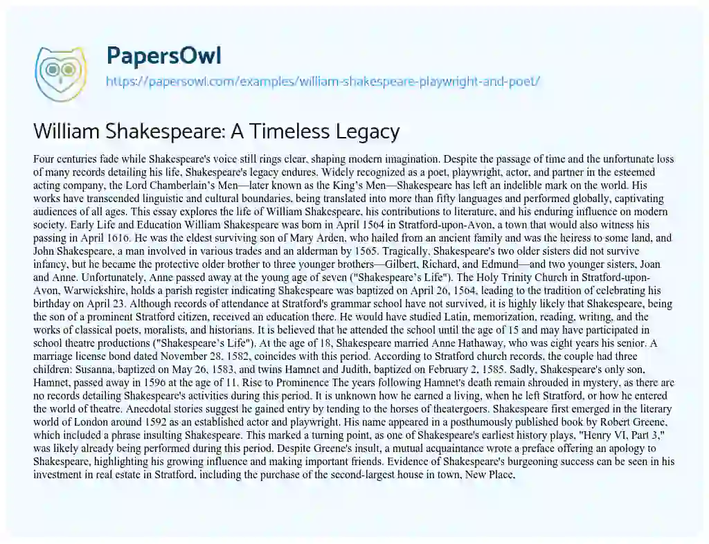 Essay on William Shakespeare, Playwright and Poet