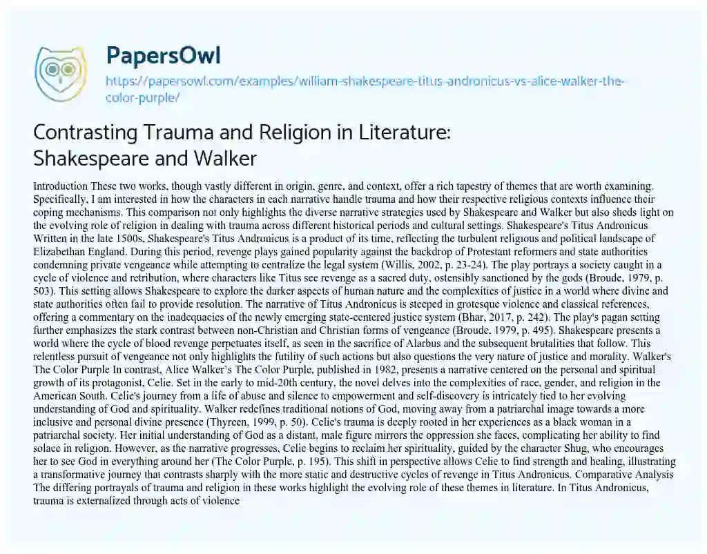 Essay on William Shakespeare Titus Andronicus Vs. Alice Walker the Color Purple