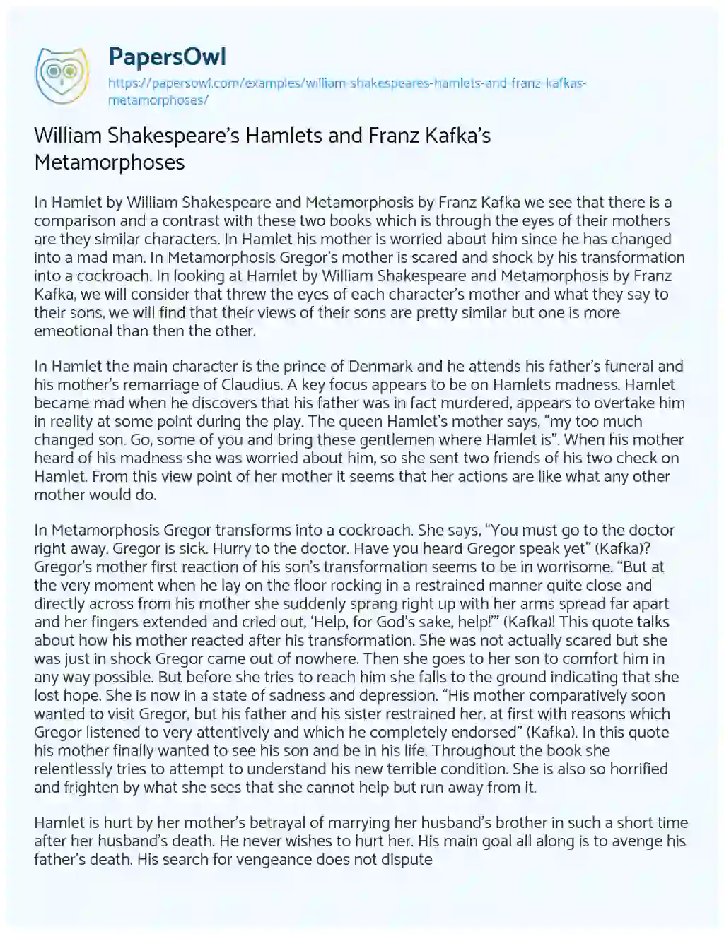 Essay on William Shakespeare’s Hamlets and Franz Kafka’s Metamorphoses