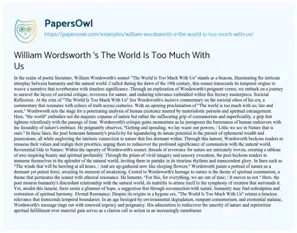 Essay on William Wordsworth ‘s the World is too Much with Us