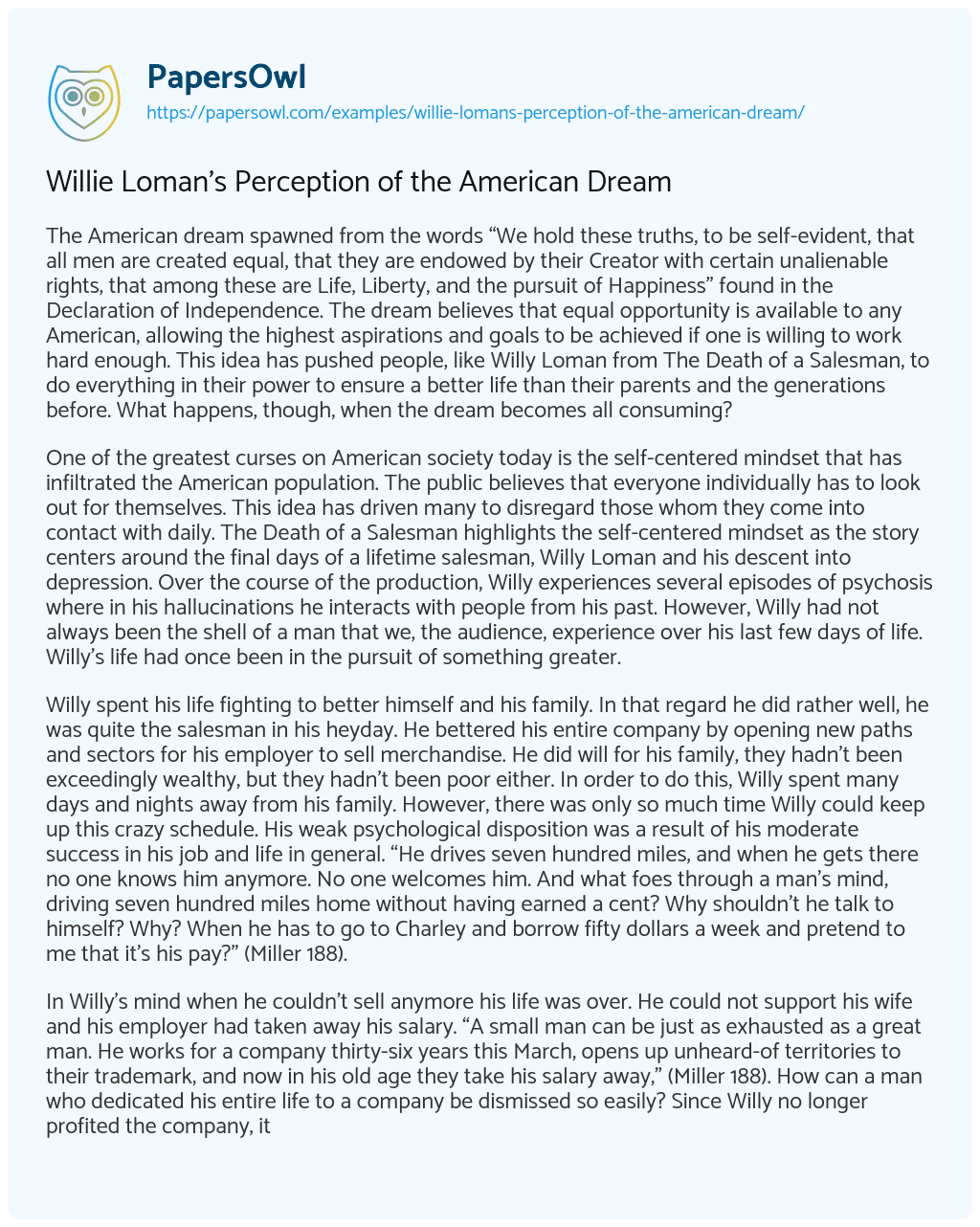 Essay on Willie Loman’s Perception of the American Dream