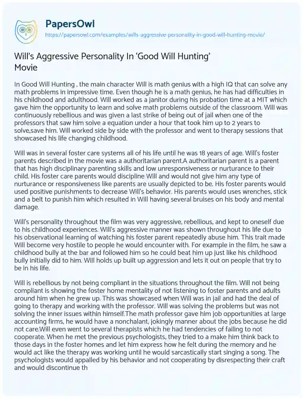 Essay on Will’s Aggressive Personality in ‘Good Will Hunting’ Movie
