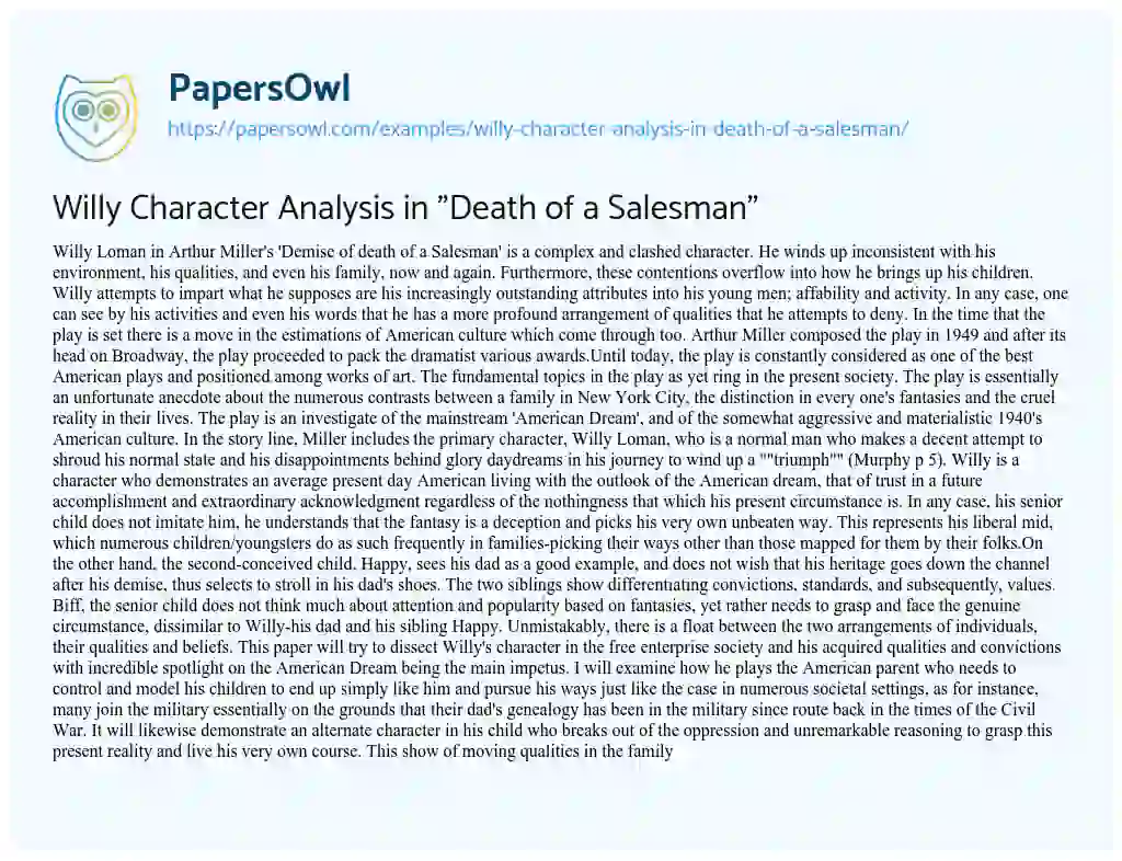 Essay on Willy Character Analysis in “Death of a Salesman”