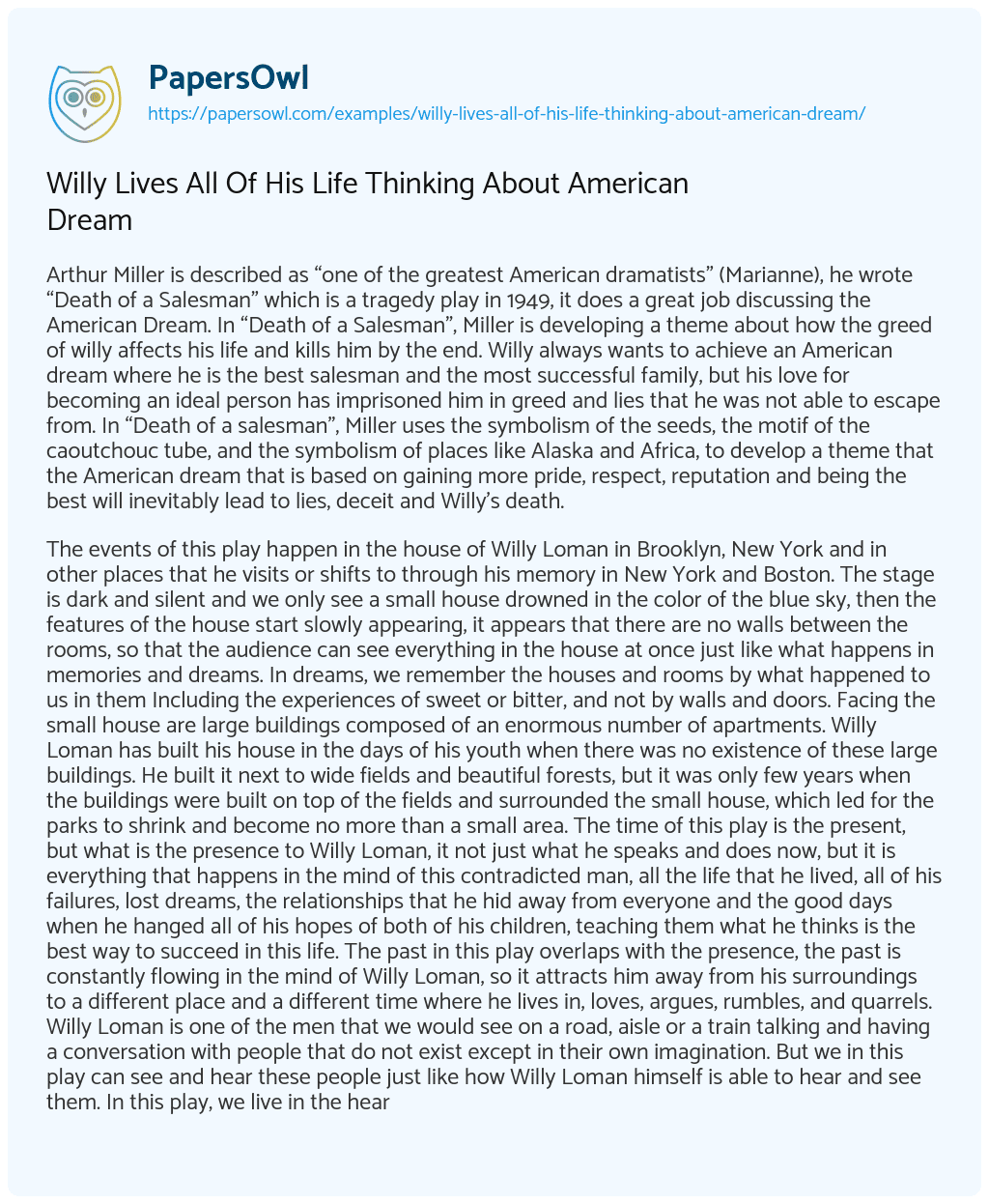 Essay on Willy Lives all of his Life Thinking about American Dream