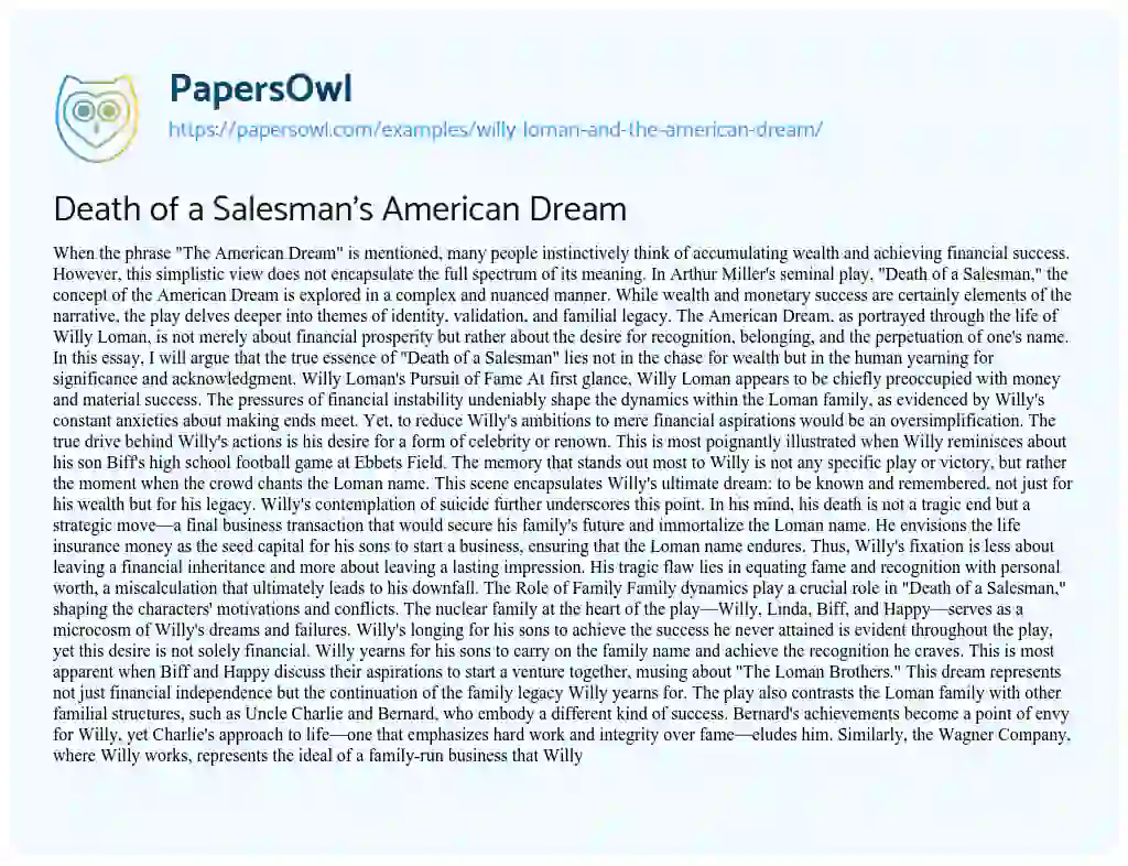 Essay on Willy Loman and the American Dream