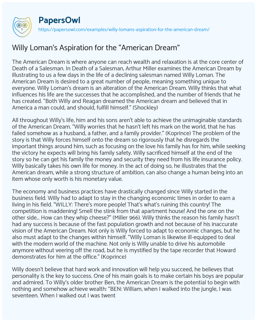 Essay on Willy Loman’s Aspiration for the “American Dream”