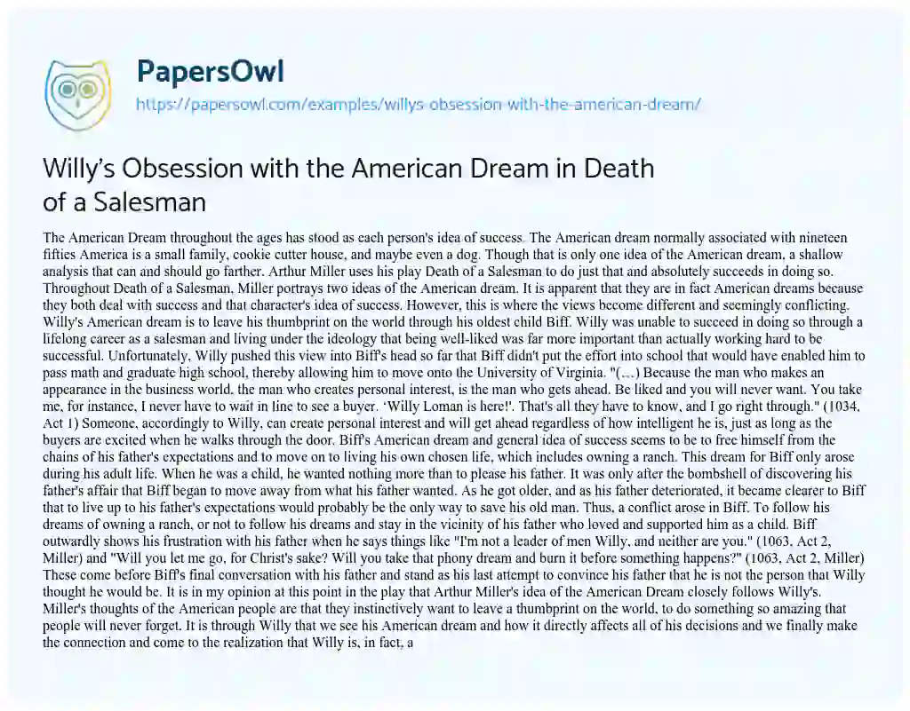 Essay on Willy’s Obsession with the American Dream in Death of a Salesman