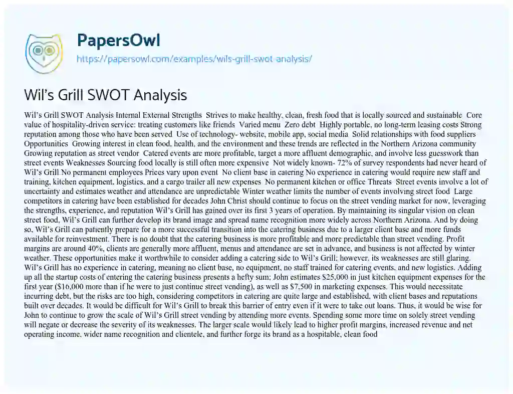 Essay on Wil’s Grill SWOT Analysis