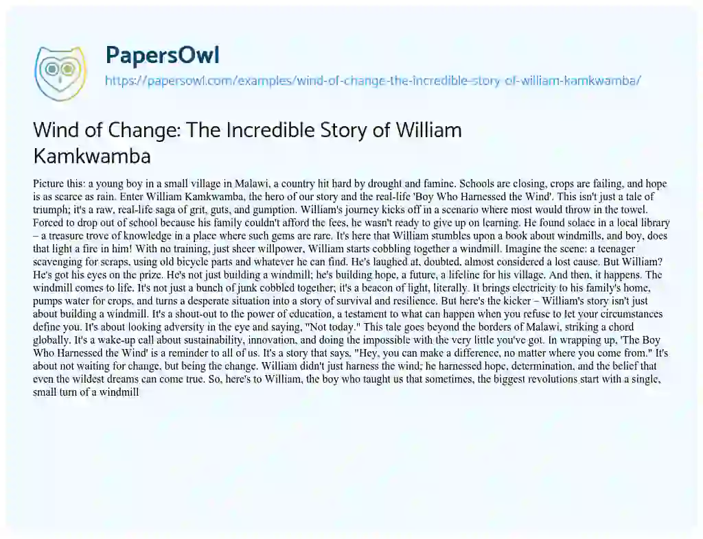 Essay on Wind of Change: the Incredible Story of William Kamkwamba