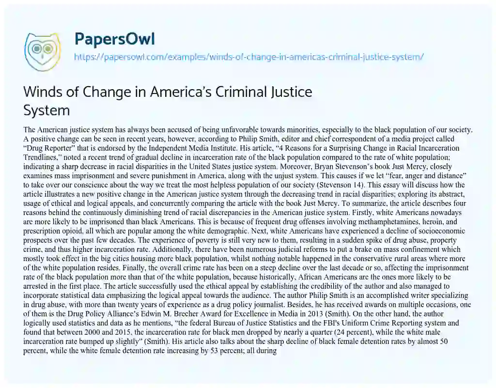 Winds of Change in America’s Criminal Justice System essay