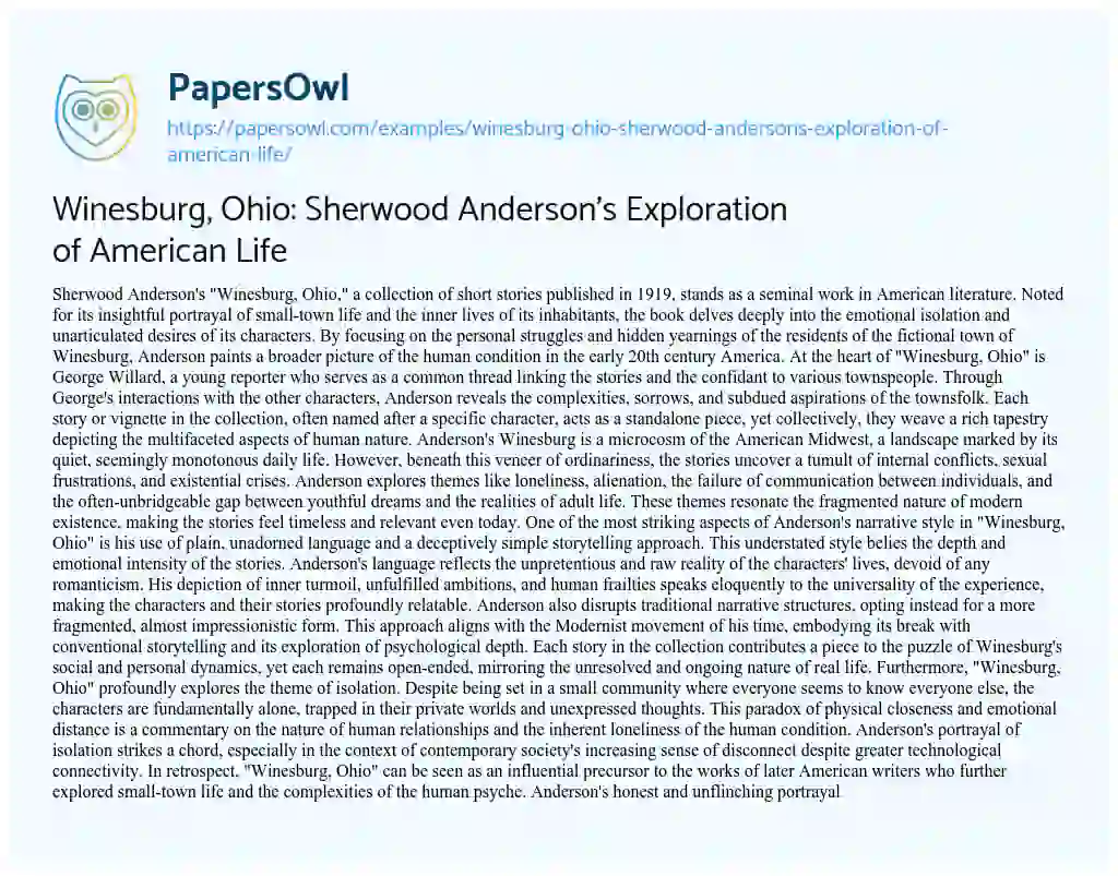 Essay on Winesburg, Ohio: Sherwood Anderson’s Exploration of American Life