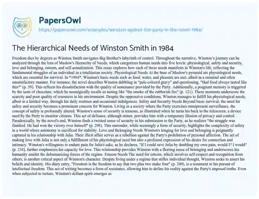 Essay on Winston against the Party in the Novel 1984