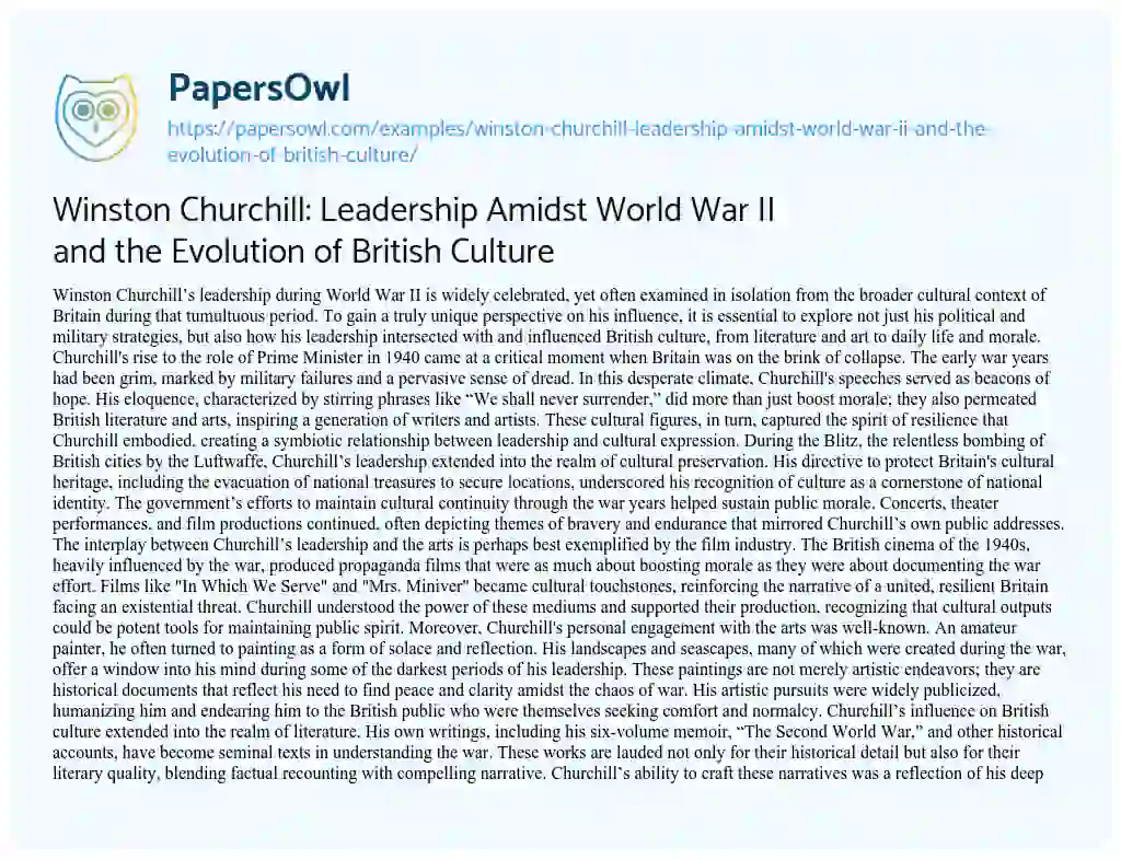 Essay on Winston Churchill: Leadership Amidst World War II and the Evolution of British Culture