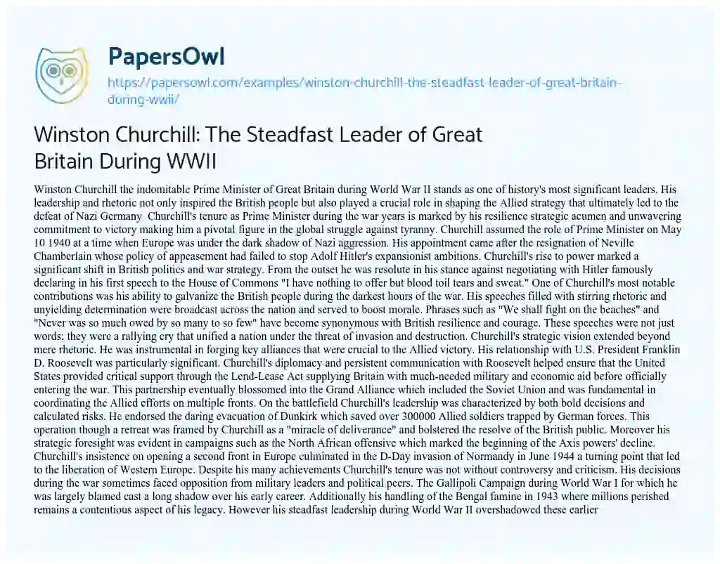 Essay on Winston Churchill: the Steadfast Leader of Great Britain during WWII