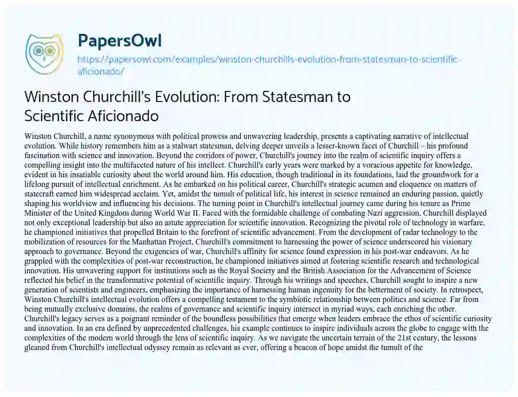 Essay on Winston Churchill’s Evolution: from Statesman to Scientific Aficionado