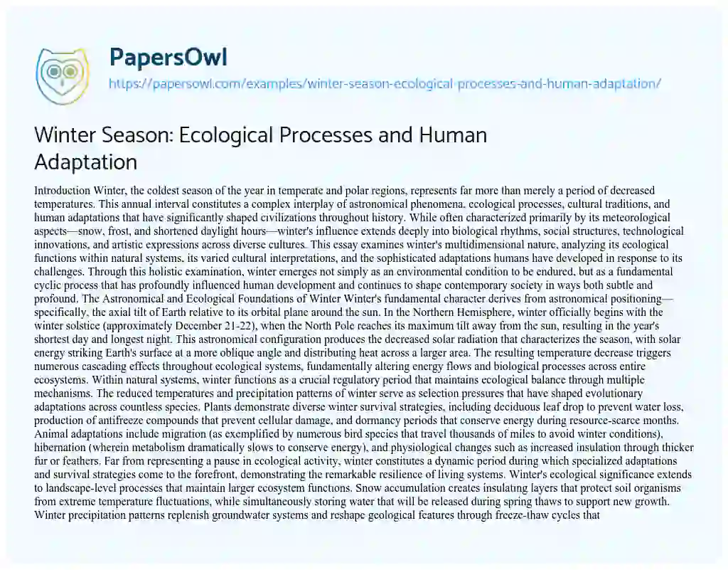 Essay on Winter Season: Ecological Processes and Human Adaptation