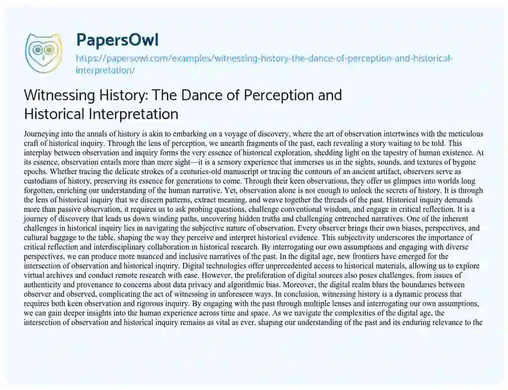 Essay on Witnessing History: the Dance of Perception and Historical Interpretation