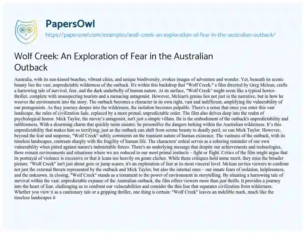Essay on Wolf Creek: an Exploration of Fear in the Australian Outback
