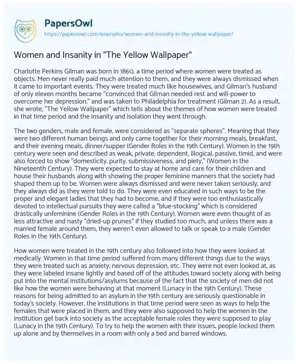 Essay on Women and Insanity in “The Yellow Wallpaper”