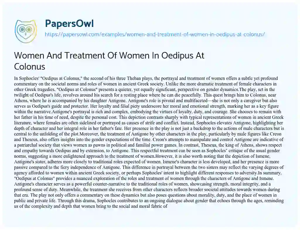 Essay on Women and Treatment of Women in Oedipus at Colonus