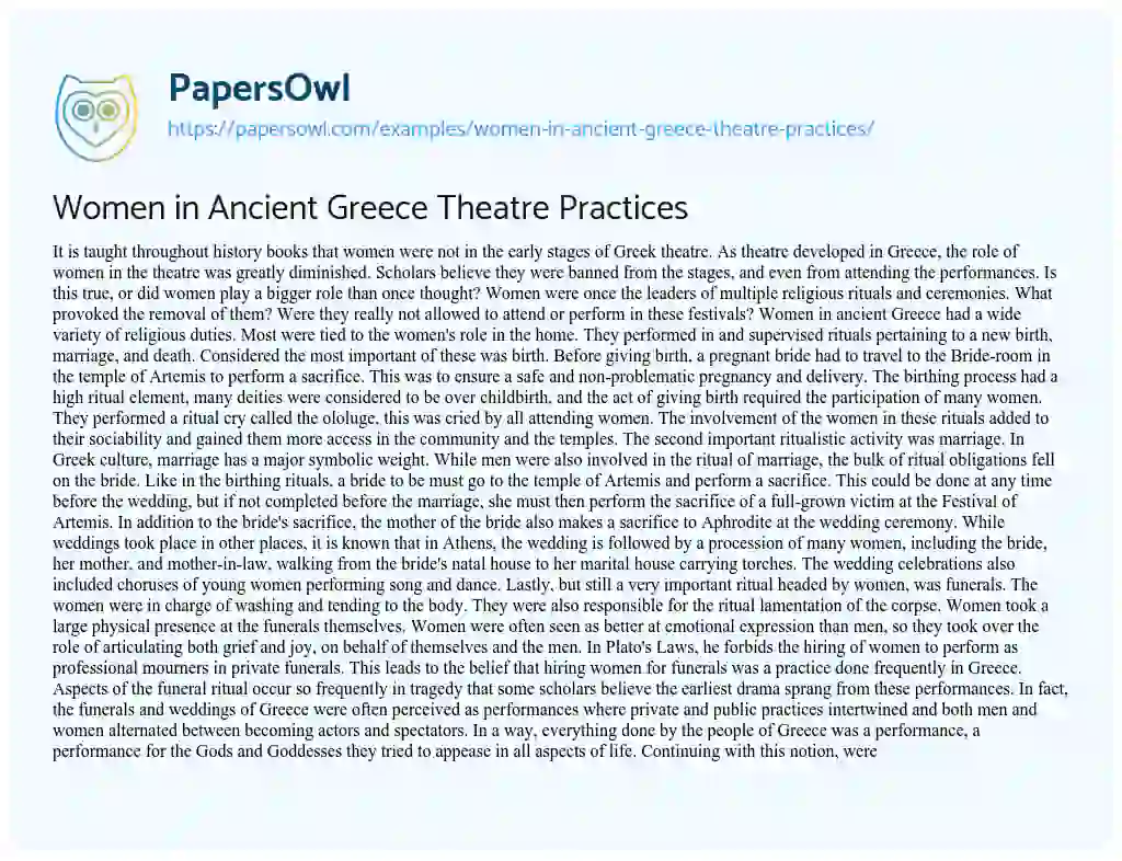 Essay on Women in Ancient Greece Theatre Practices