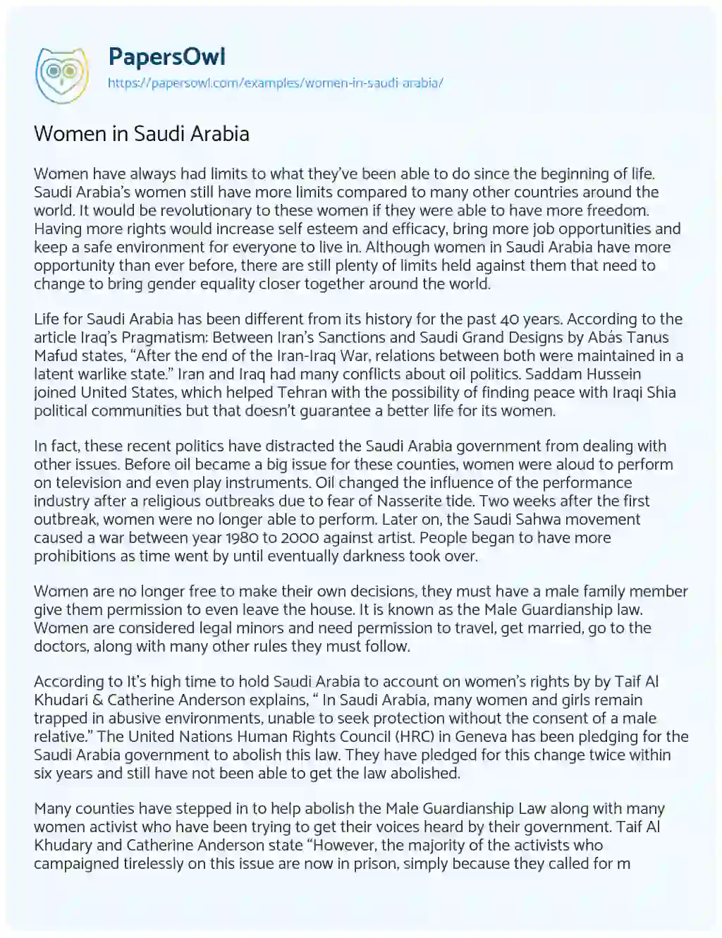 Essay on Women in Saudi Arabia