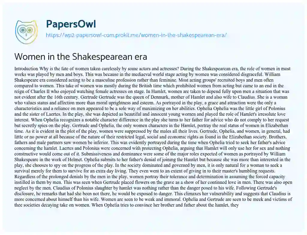 Essay on Women in the Shakespearean Era