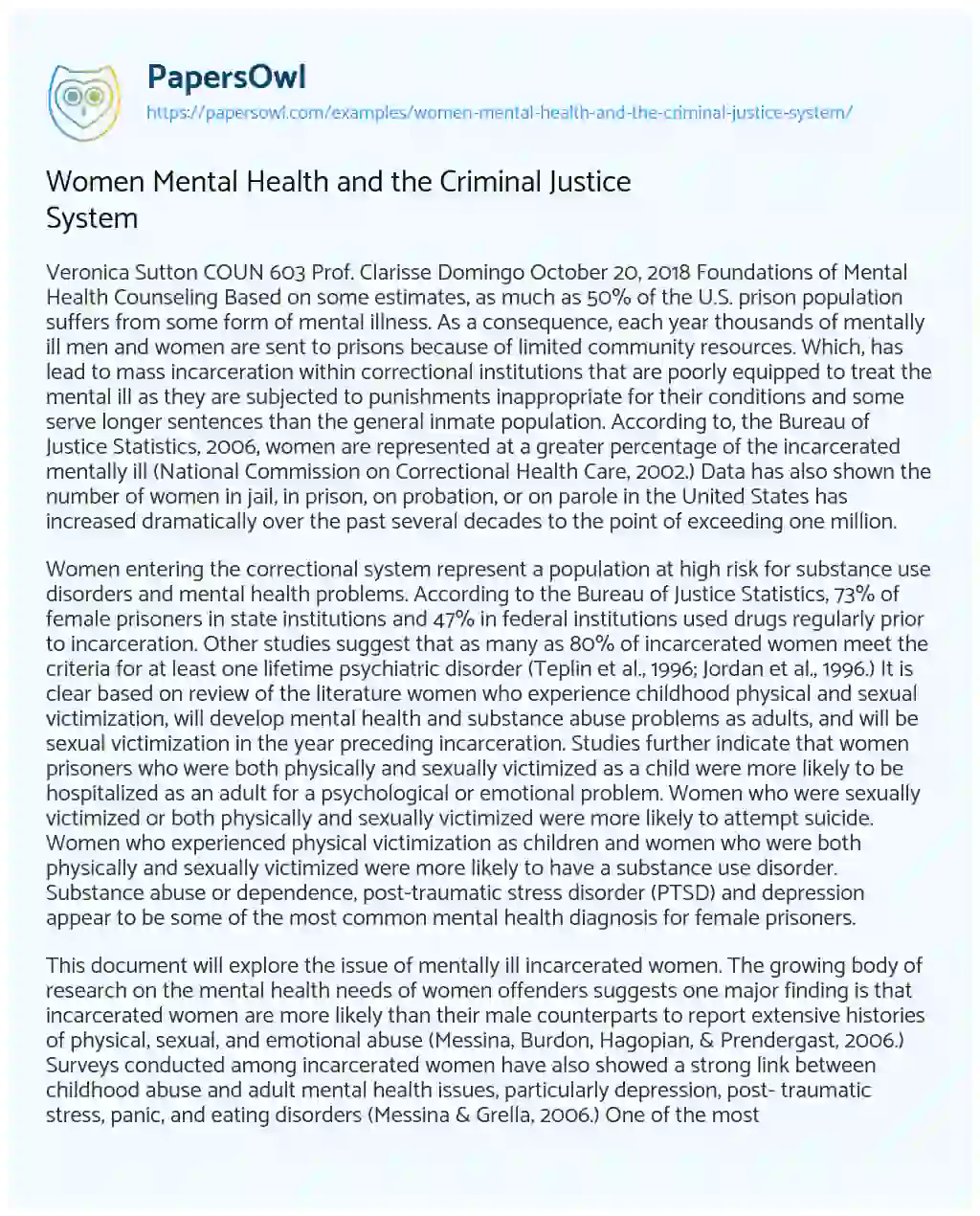 Women Mental Health and the Criminal Justice System essay