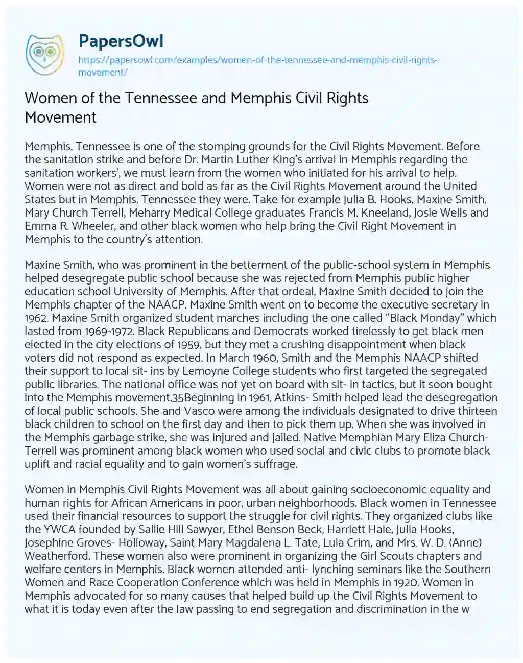 Essay on Women of the Tennessee and Memphis Civil Rights Movement