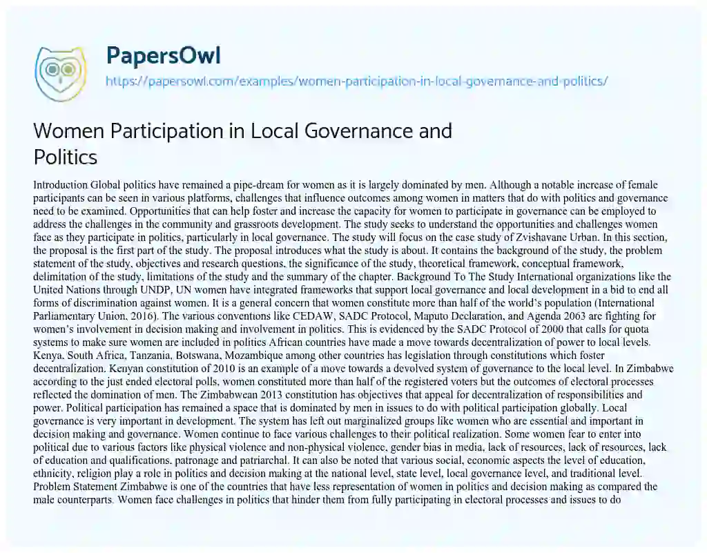 Women Participation in Local Governance and Politics essay
