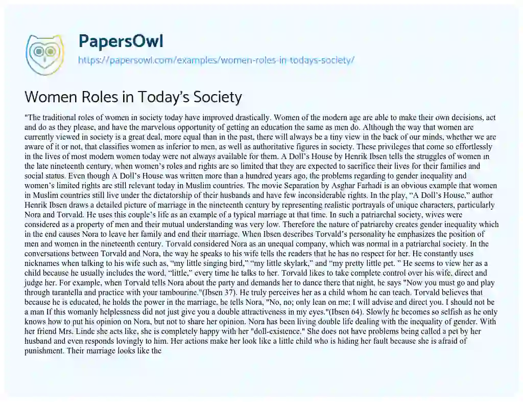 Women Roles in Today’s Society essay