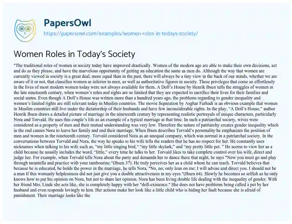 Essay on Women Roles in Today’s Society