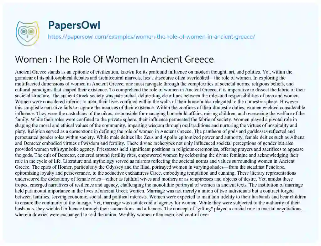 Essay on Women : the Role of Women in Ancient Greece