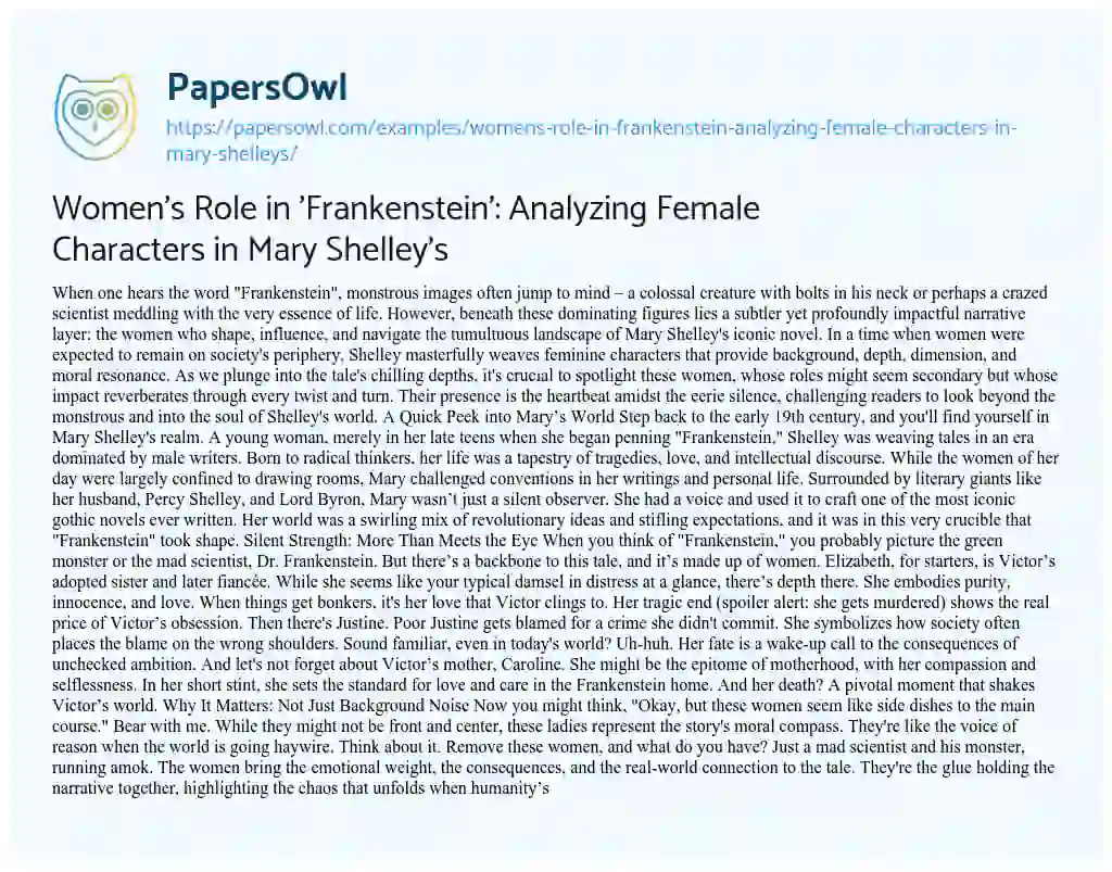 Essay on Women’s Role in ‘Frankenstein’: Analyzing Female Characters in Mary Shelley’s