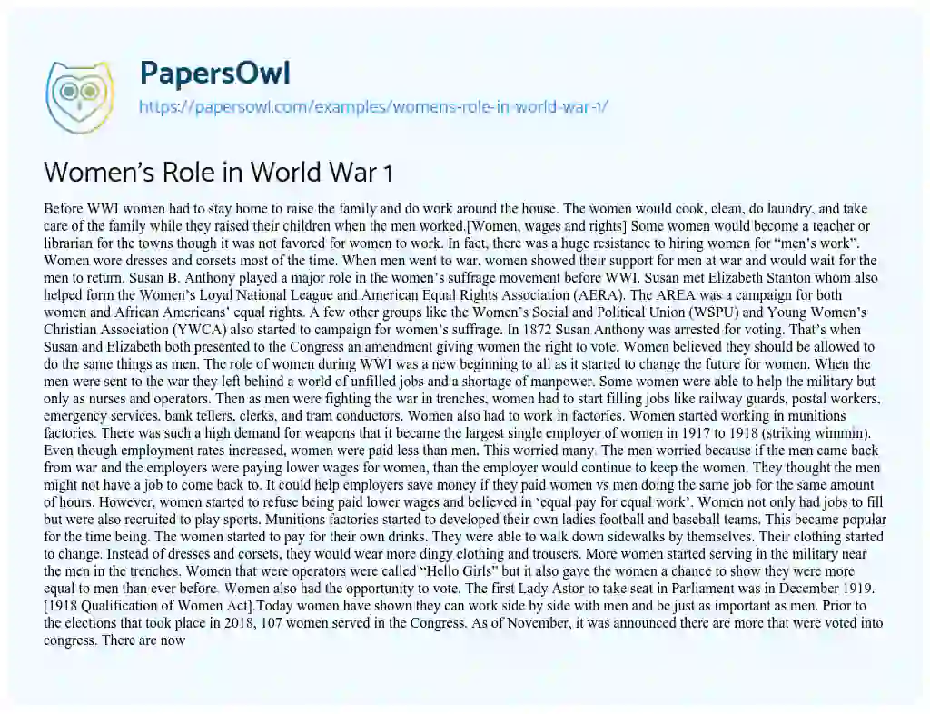 Essay on Women’s Role in World War 1