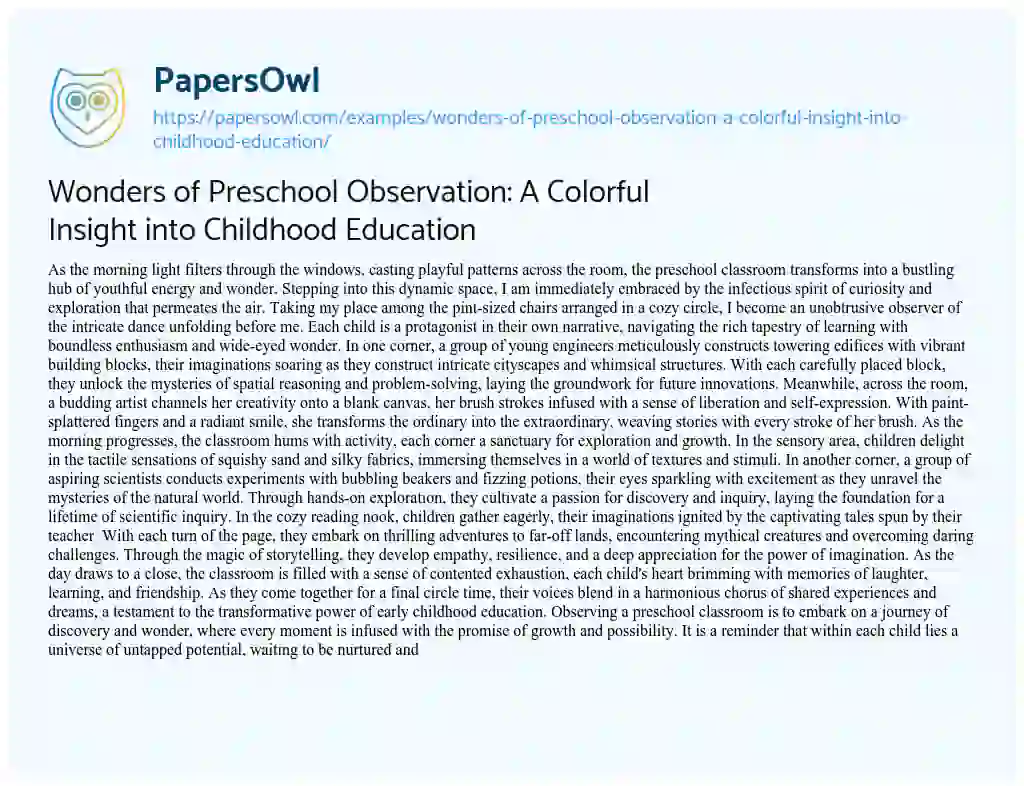 Essay on Wonders of Preschool Observation: a Colorful Insight into Childhood Education