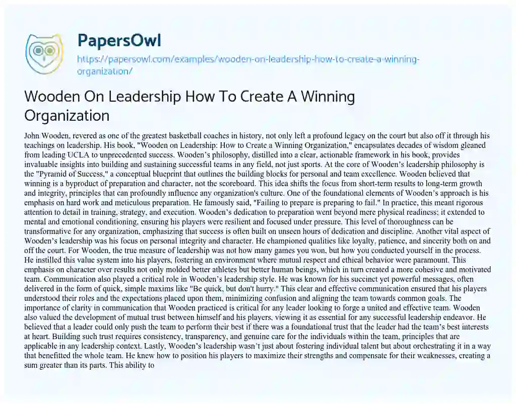 Essay on Wooden On Leadership How To Create A Winning Organization
