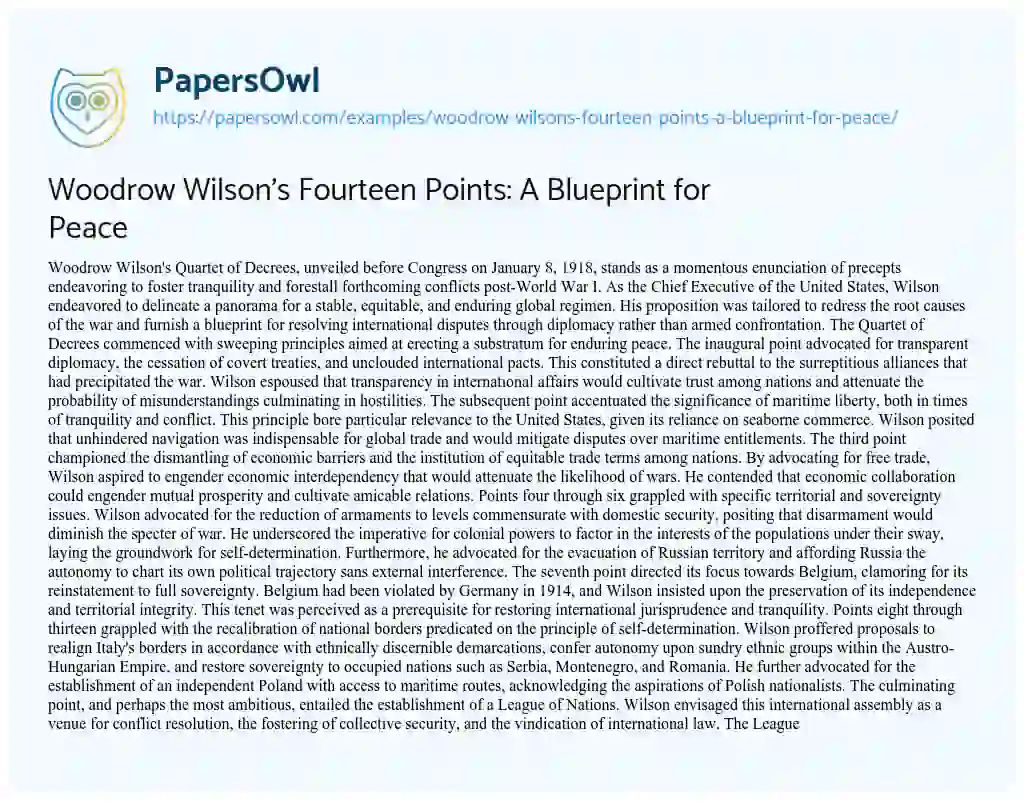 Essay on Woodrow Wilson’s Fourteen Points: a Blueprint for Peace