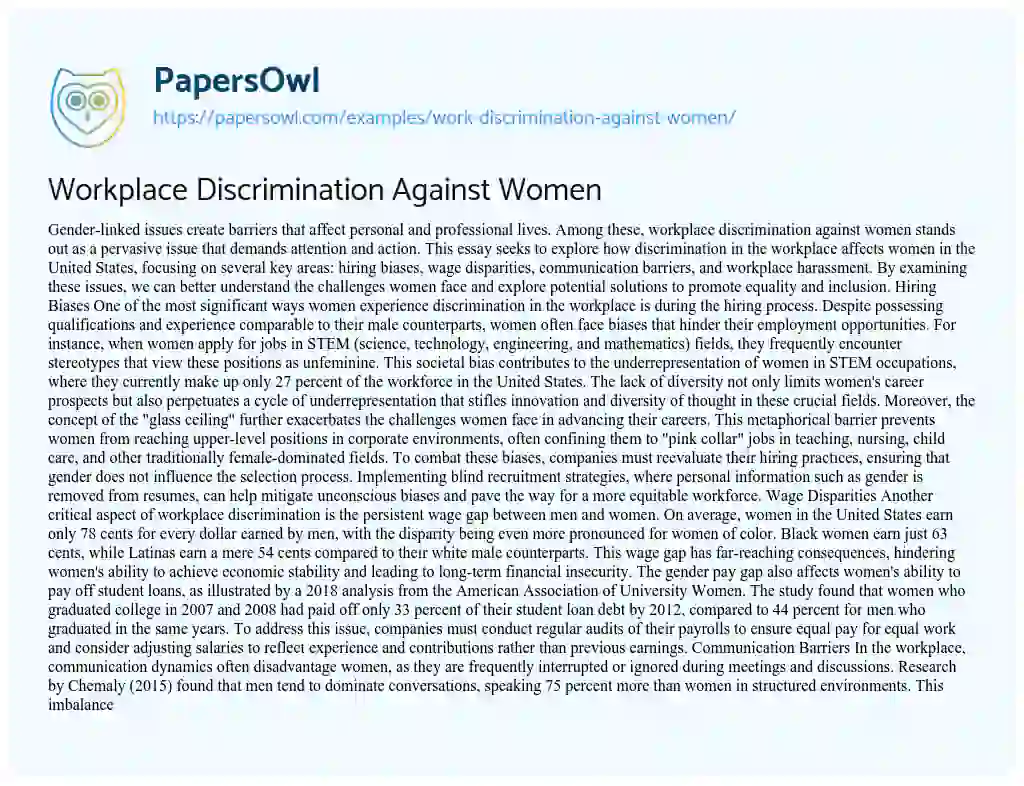 Essay on Work Discrimination against Women