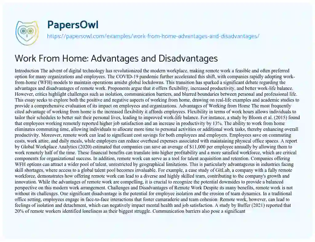 Essay on Work From Home: Advantages and Disadvantages