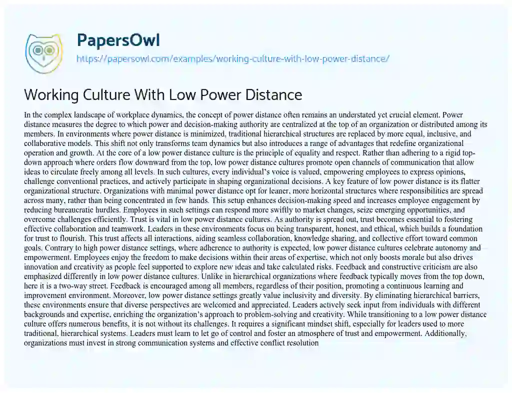 Essay on Working Culture with Low Power Distance
