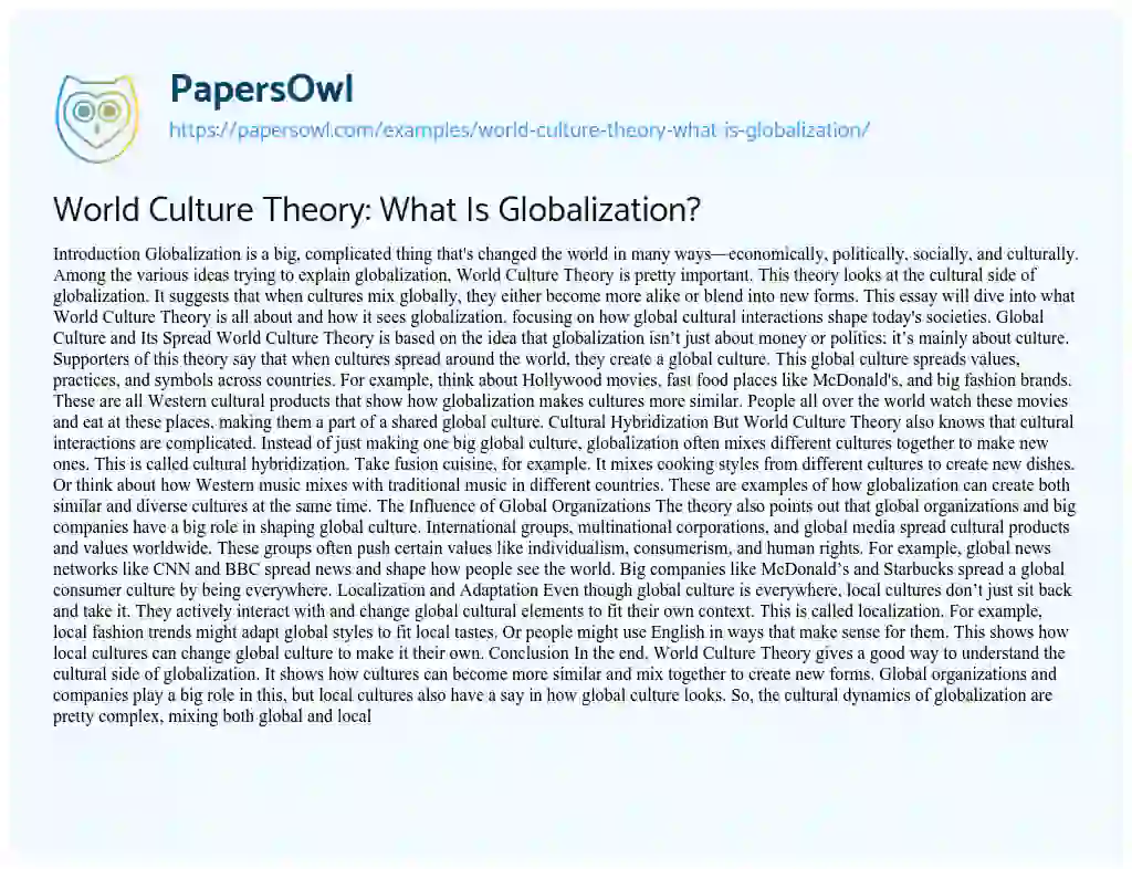 Essay on World Culture Theory: what is Globalization?