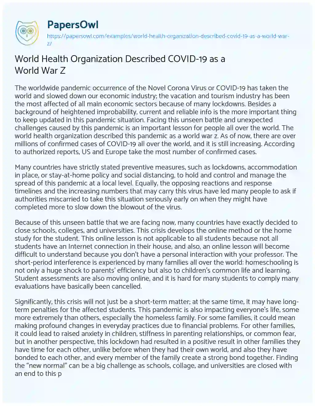 Essay on World Health Organization Described COVID-19 as a World War Z