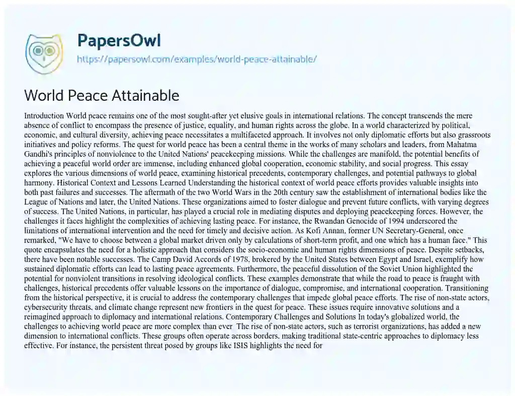 Essay on World Peace Attainable