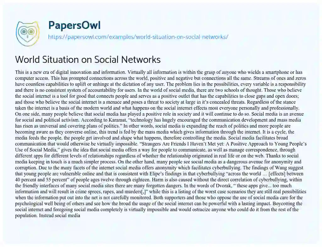Essay on World Situation on Social Networks