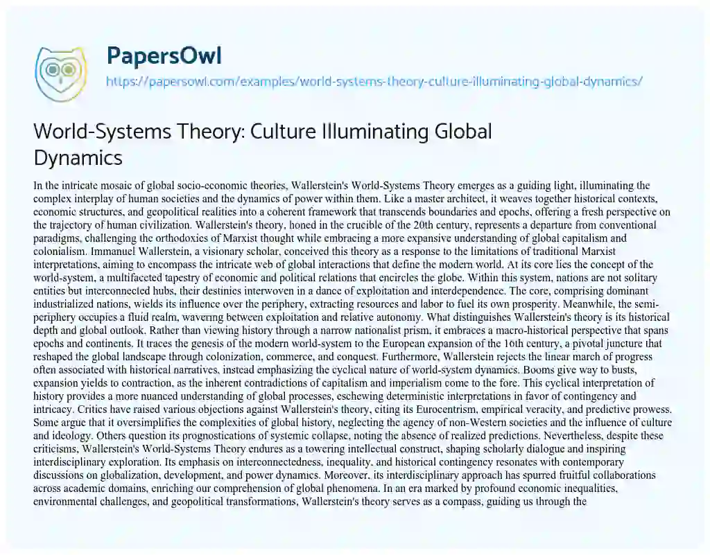 Essay on World-Systems Theory: Culture Illuminating Global Dynamics