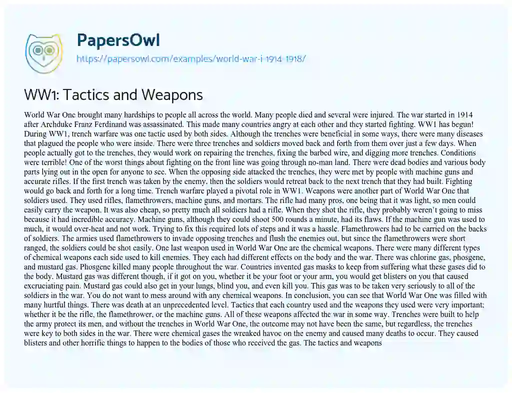 Essay on WW1: Tactics and Weapons