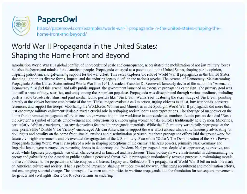 Essay on World War II Propaganda in the United States: Shaping the Home Front and Beyond